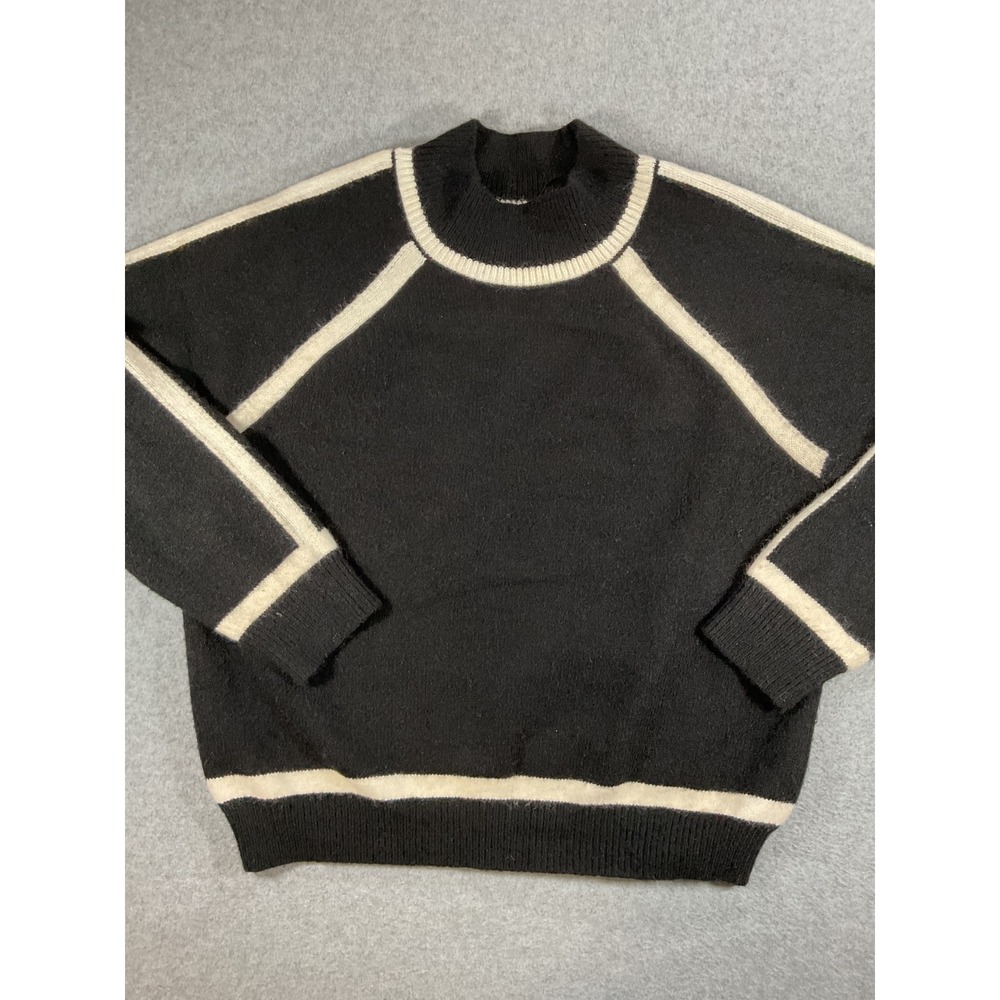Cherie Collette Black Cream Striped Mock Neck Raglan Sweater L 1658